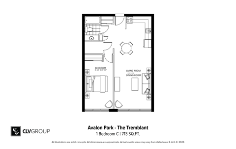 Floor plan for 1 bed, 1 bath, 713 sqft